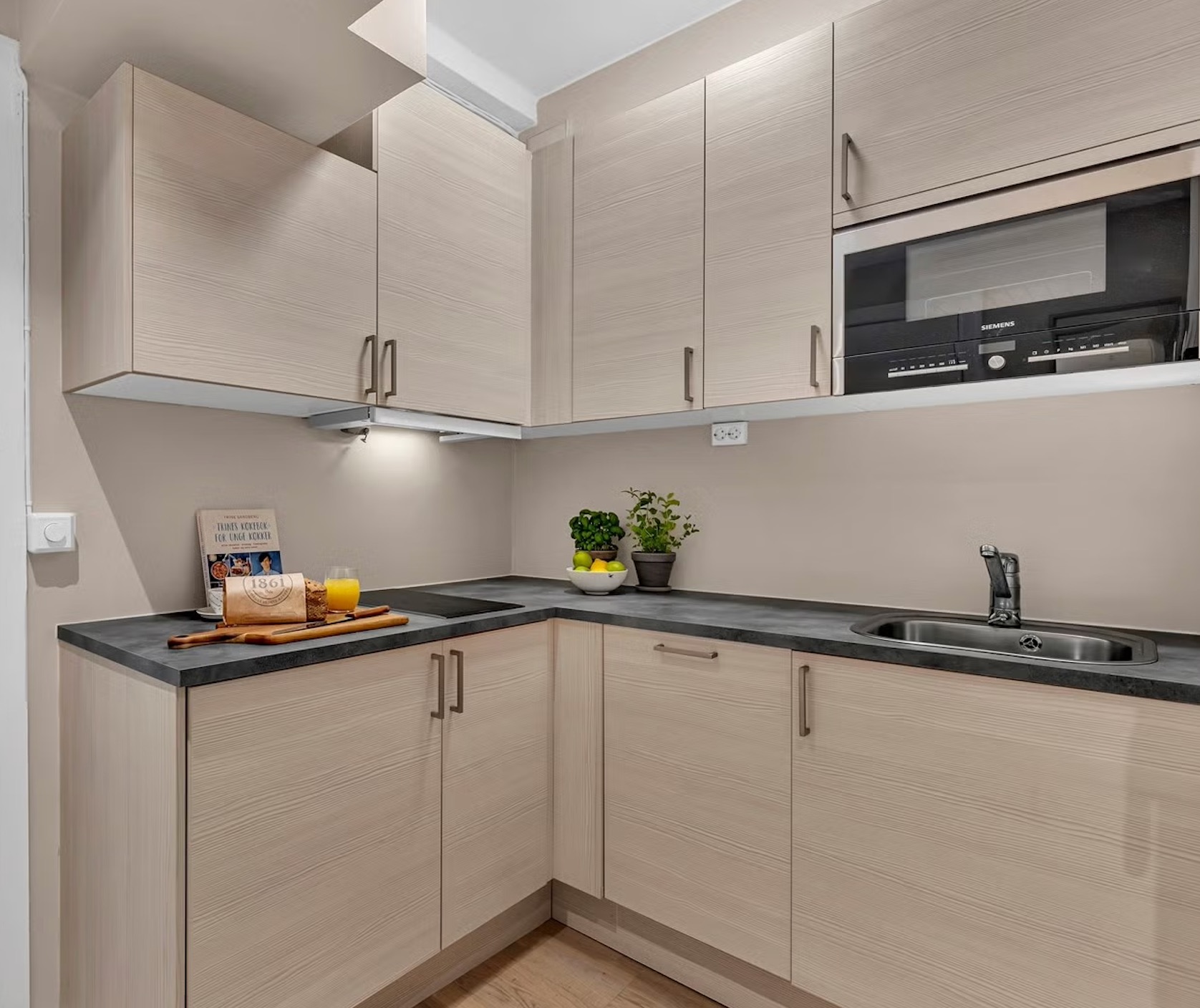 Moderne kjøkken med oppvaskmaskin, mikrobølgeovn med ovnfunksjon, samt stekeplate og kjøleskap. 